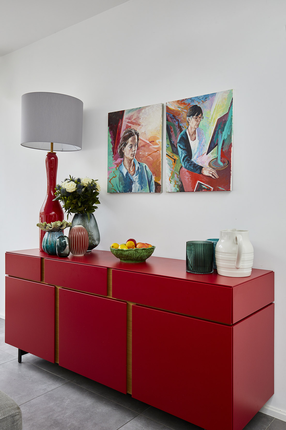 red sideboard in Shoreditch apartment