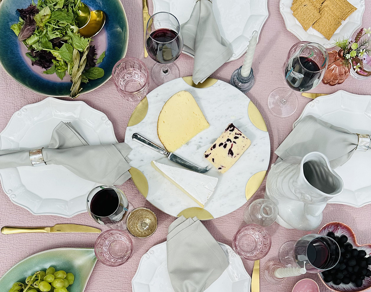 Cheese and wine outdoor dining tablescape designed by Emma Green for Stye & Decor blog