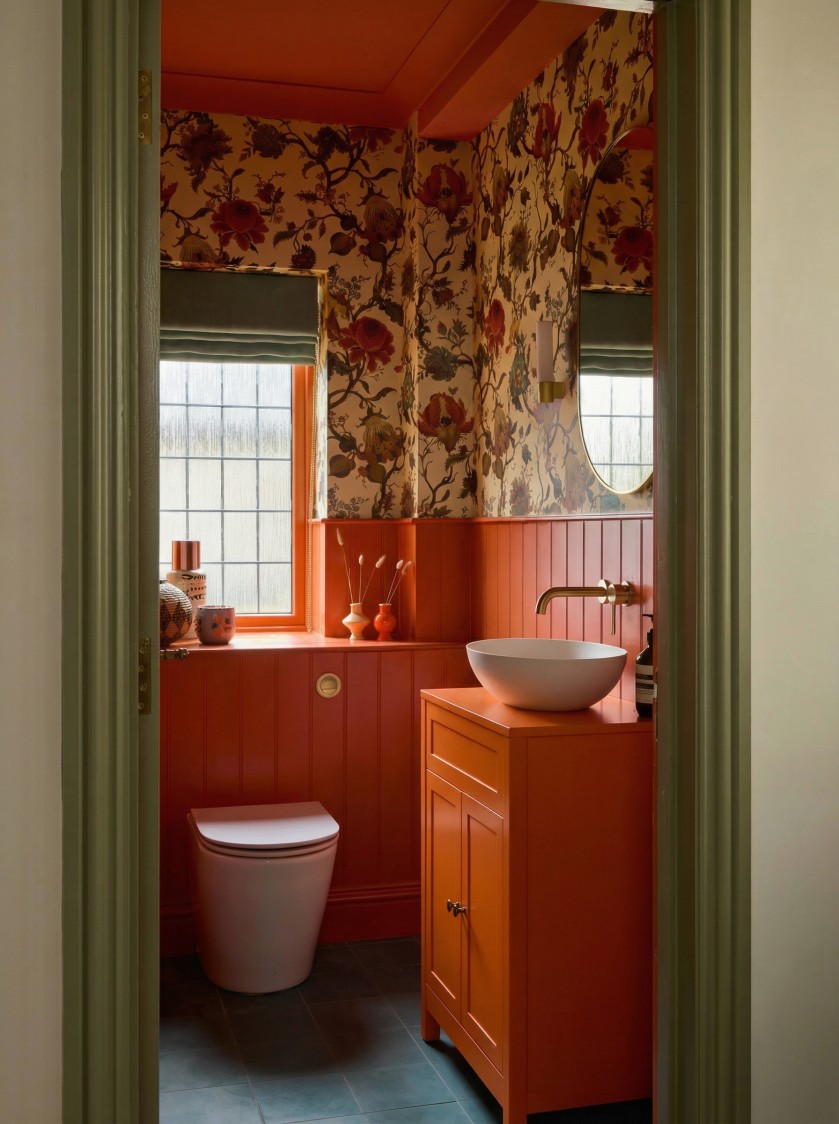 Cloakroom with terracotta panelling botanical wallpaper and bespoke vanity